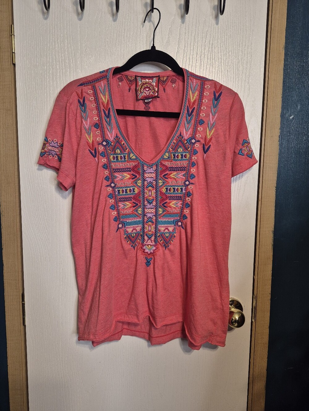 Johnny Was Coral Short Sleeve Embroidered V-Neck Tee